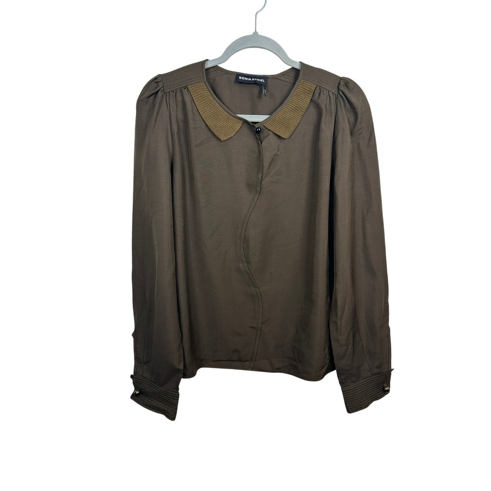 Sonia Rykiel Blouse Womens 38 Brown Silk Wool Knit Collar Good Italian Luxury